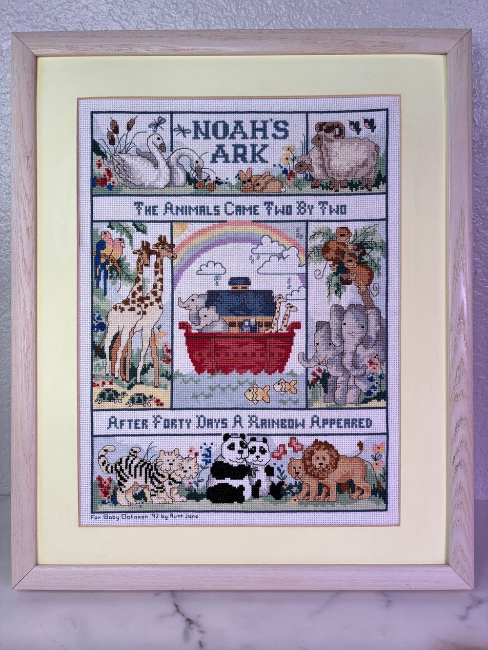 Vintage Framed Noahs Ark Cross Stitch Open Frame Nursery Art Sampler